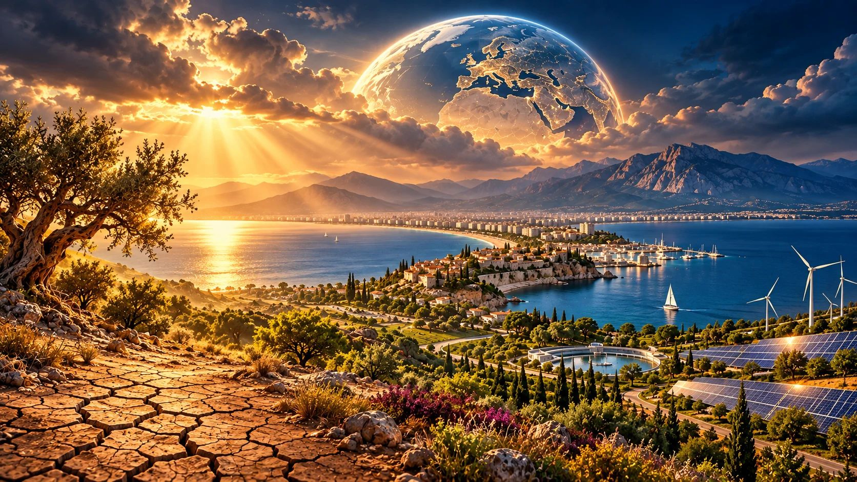 Conceptual Mediterranean coast with dry ground, renewable energy and a luminous globe