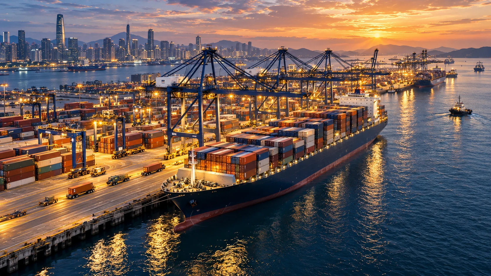 Pamje ilustruese e një anijeje të madhe kontejnerësh në një port modern në perëndim.