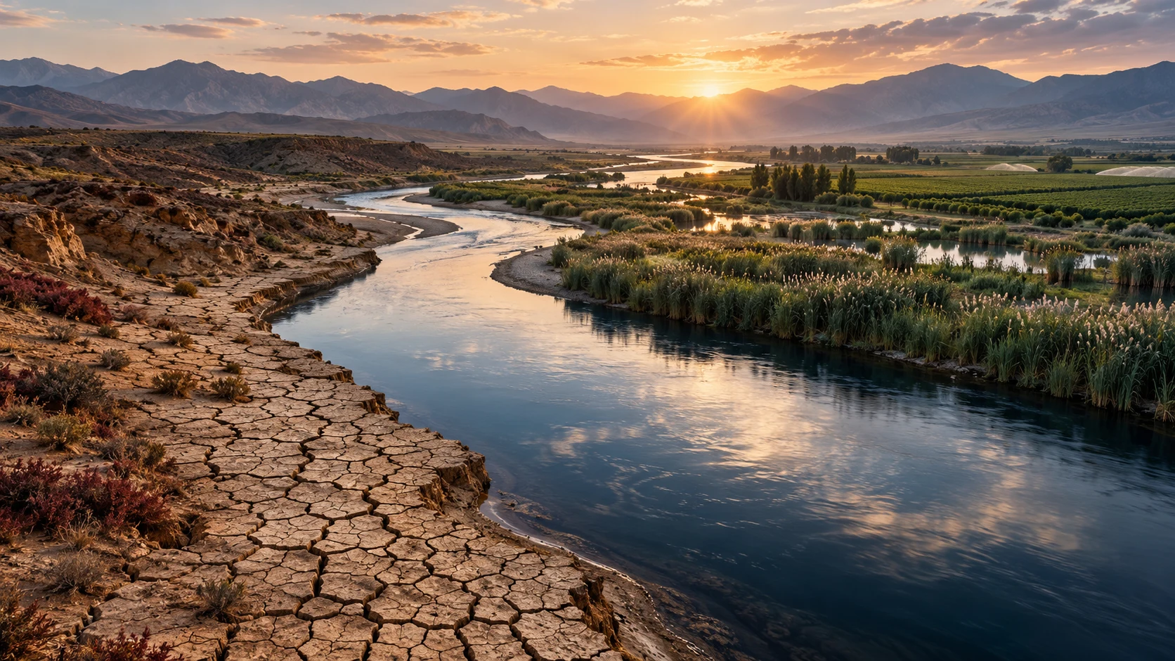 Conceptual landscape connecting dry ground, a river and living wetlands