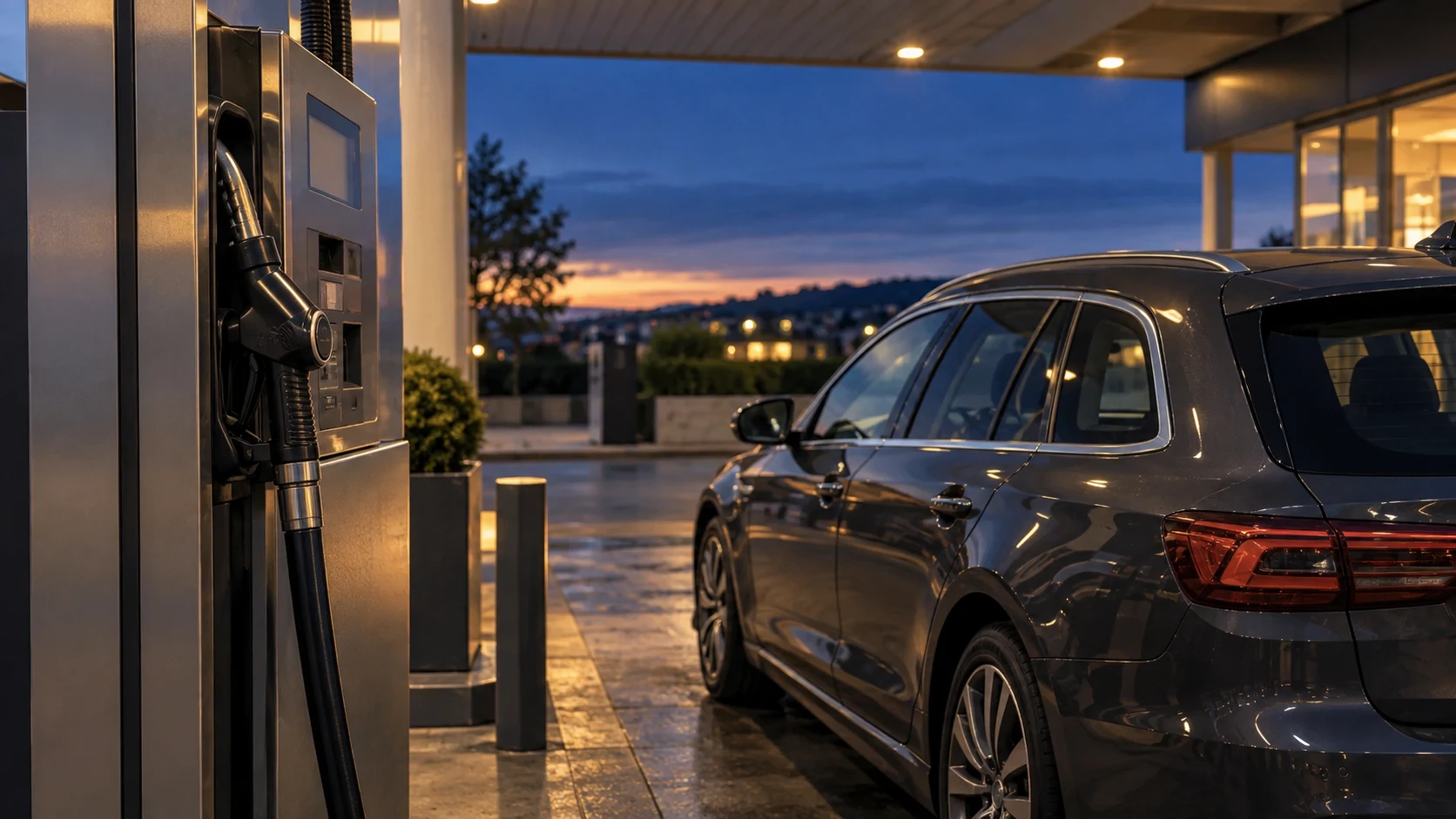 Illustration d’une voiture près d’une pompe dans une station-service sans marque au crépuscule.