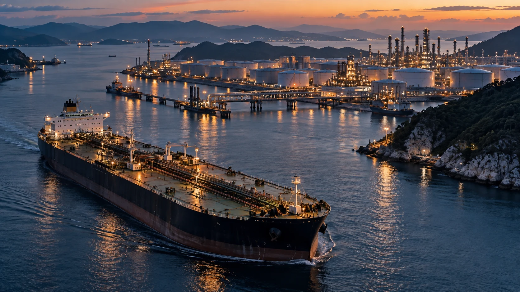 Illustration d’un pétrolier devant une raffinerie côtière illuminée au crépuscule.