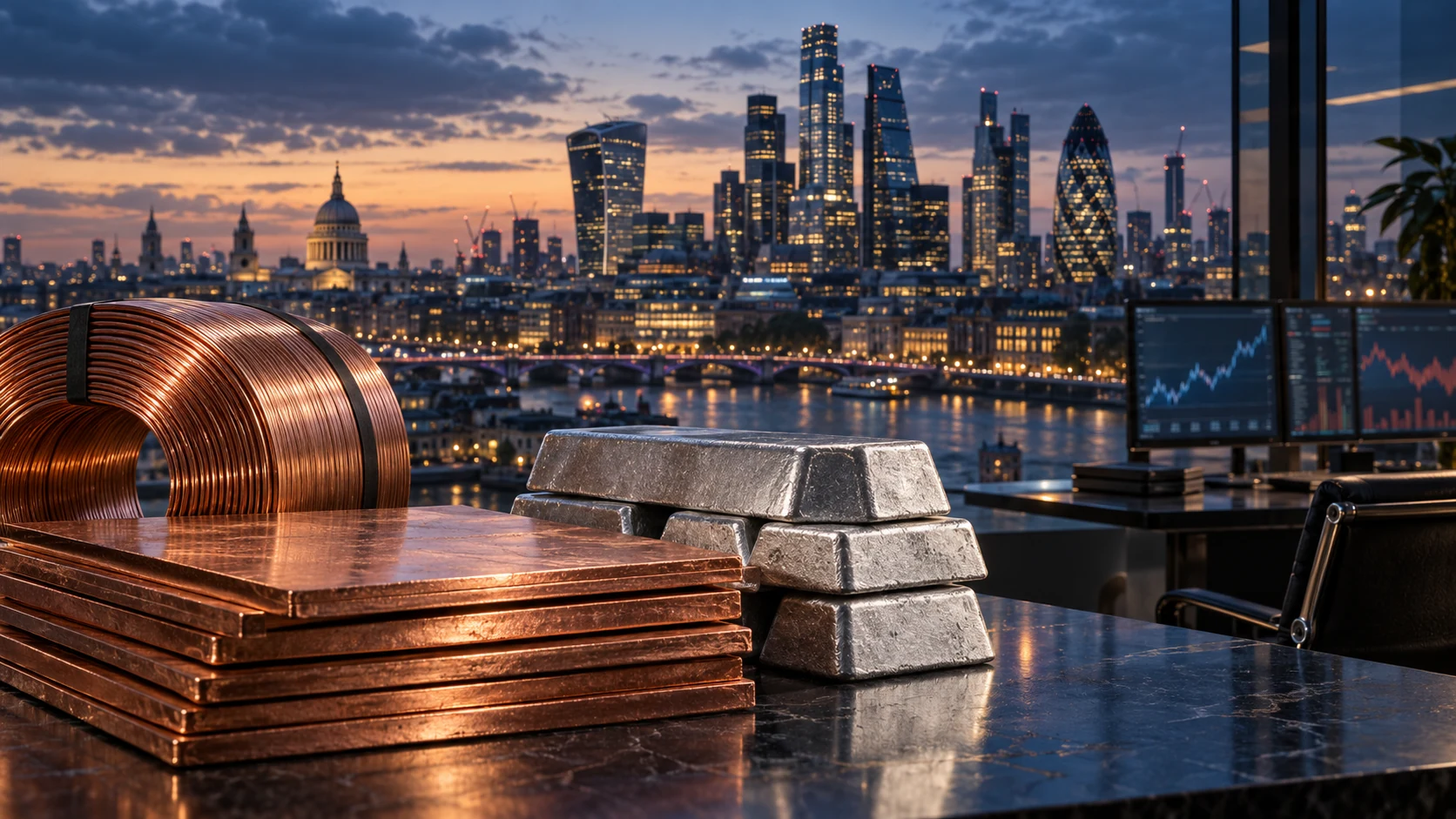 Originale konzeptionelle Illustration des Londoner Finanzviertels mit Kupfer und Aluminium für die Metallhandelsberatung
